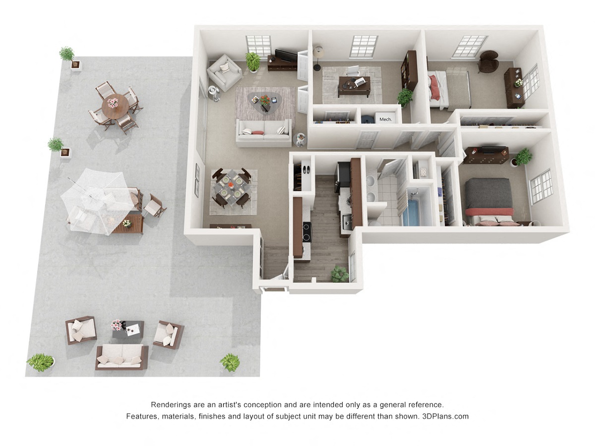 Floor plan for 3 beds, 1 bath, 1135 sqft